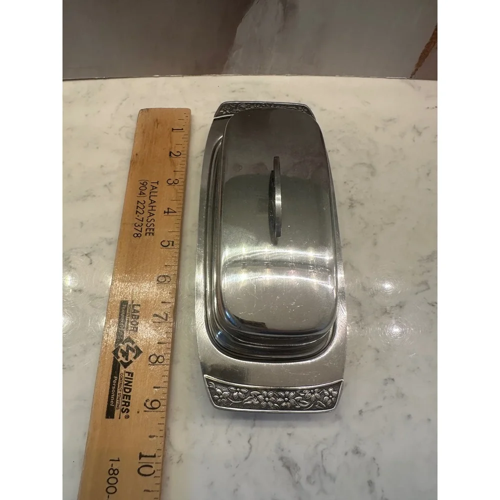 Vtg Stainless Steel Flower Emboss 70s MCM Japan‎ Butter Sugar Creamer Gravy Boat